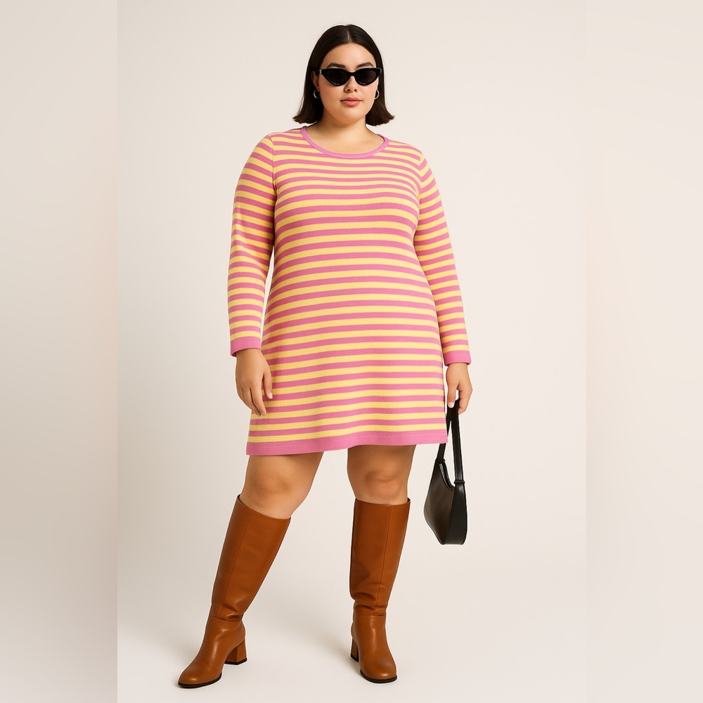 Retro 70s Pink Yellow Striped Dress XL Mod Spring Summer Dopamine Colorful NWT